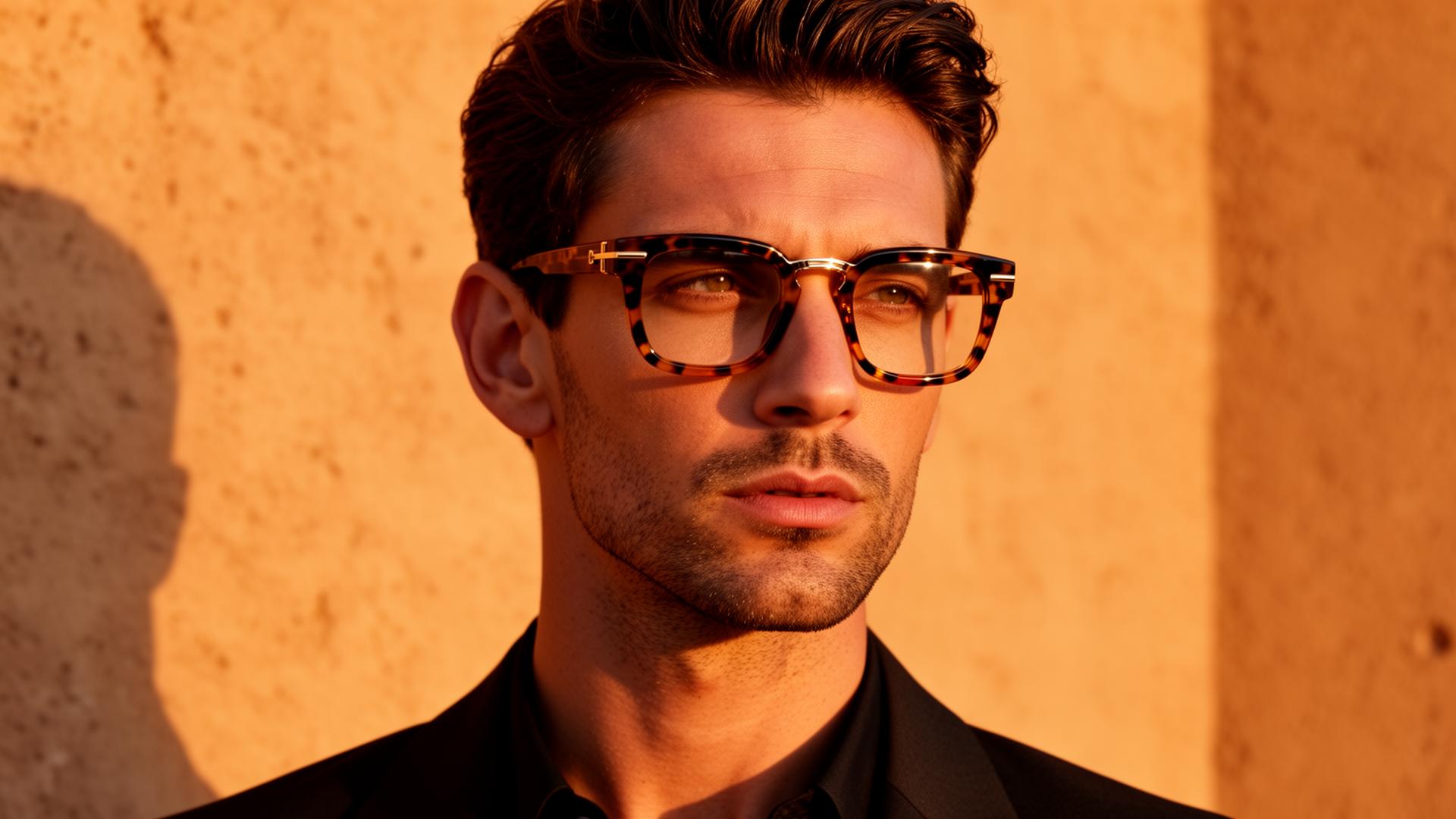 Man wearing luxury tortoiseshell eyeglasses against a sandstone wall in Doha