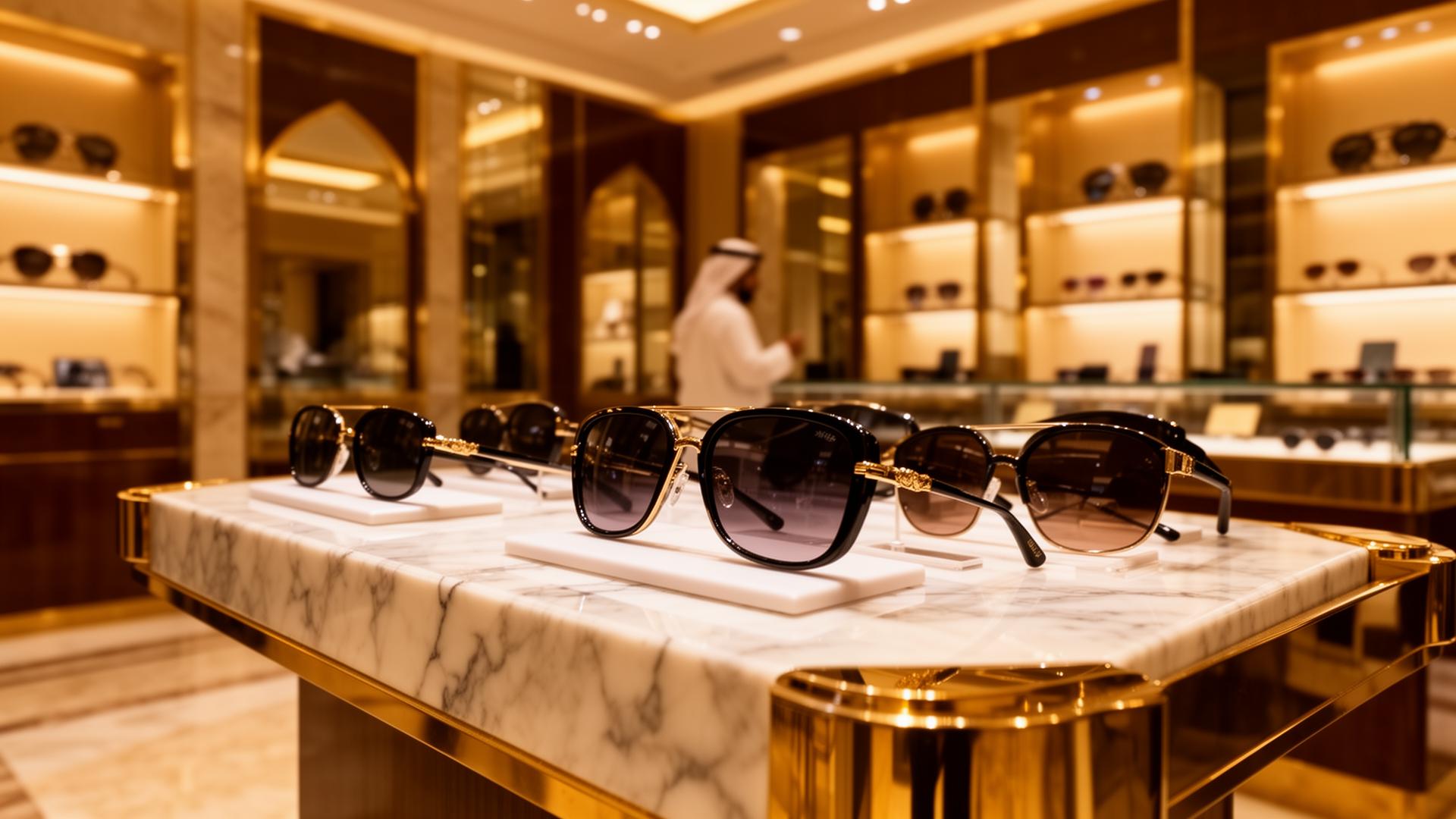 Luxury sunglasses on display inside the Lens Lounge Doha boutique
