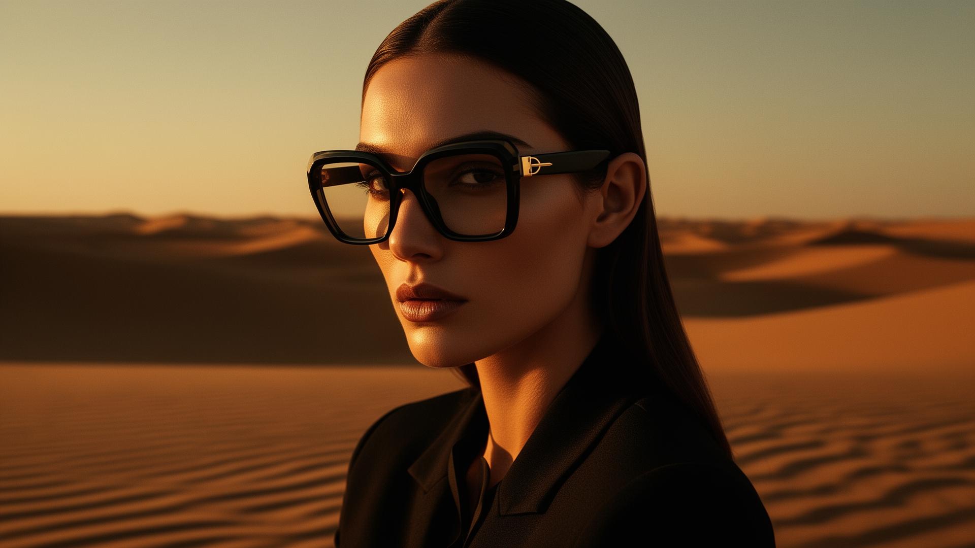 Editorial portrait wearing Lens Lounge eyewear in the Qatari desert